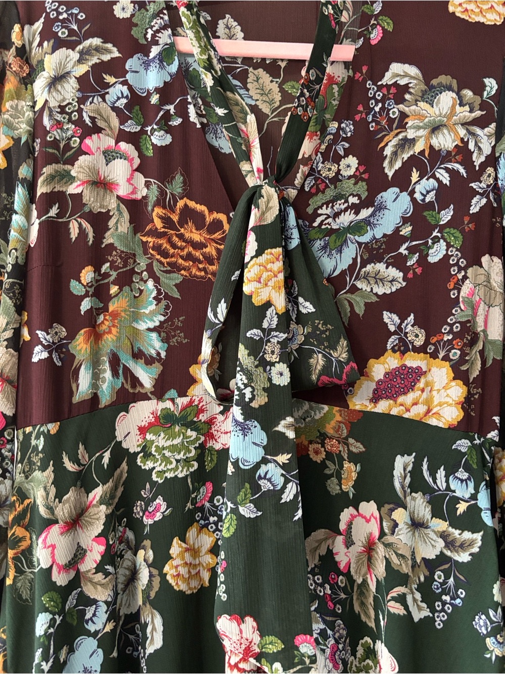 Zara Woman size M Floral Tie-Neck Midi Dress in Dark Green and Burgundy - Picture 6 of 6